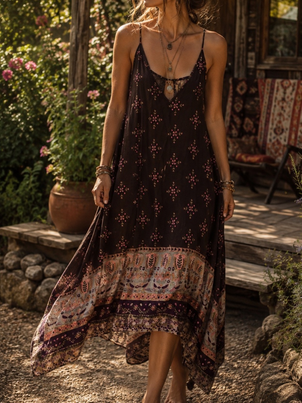 Natural Life Shark Bite Handkerchief Hem Midi Slip Dress Brown Paisley Floral